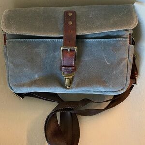 ONA Bowery heavy waxed canvas gray brown leather trim Camera Bag water resistant